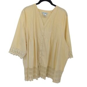 Ulla Popken Lace Trim Top Womens Plus 24 26 Yellow Tunic Cotton Cottagecore